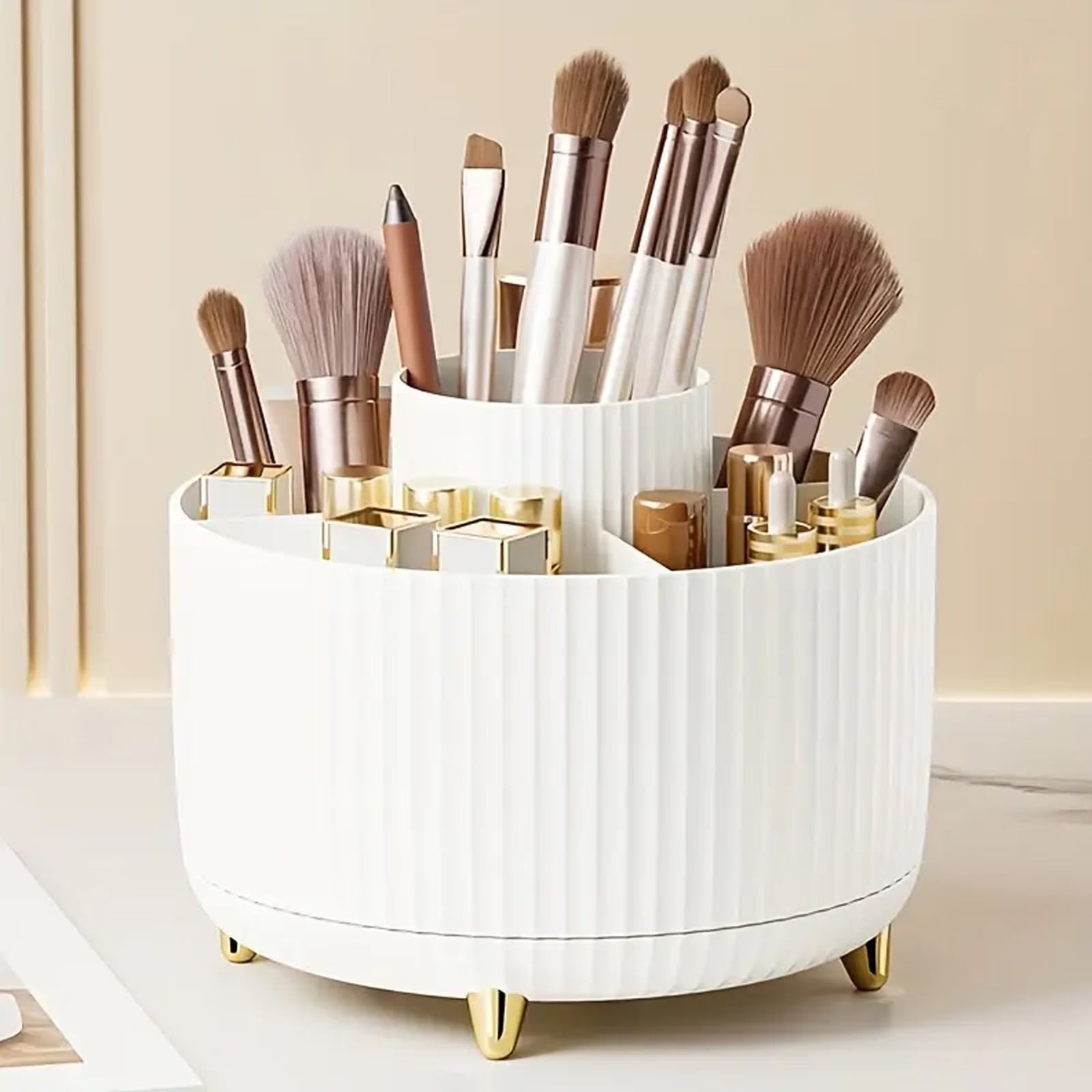 360° Rotate Makeup Brush Holder Organizer, Makeup Organizers Countertop, Makeup Organization and Skincare Storage for Vanity, Desktop, Bathroom (White)