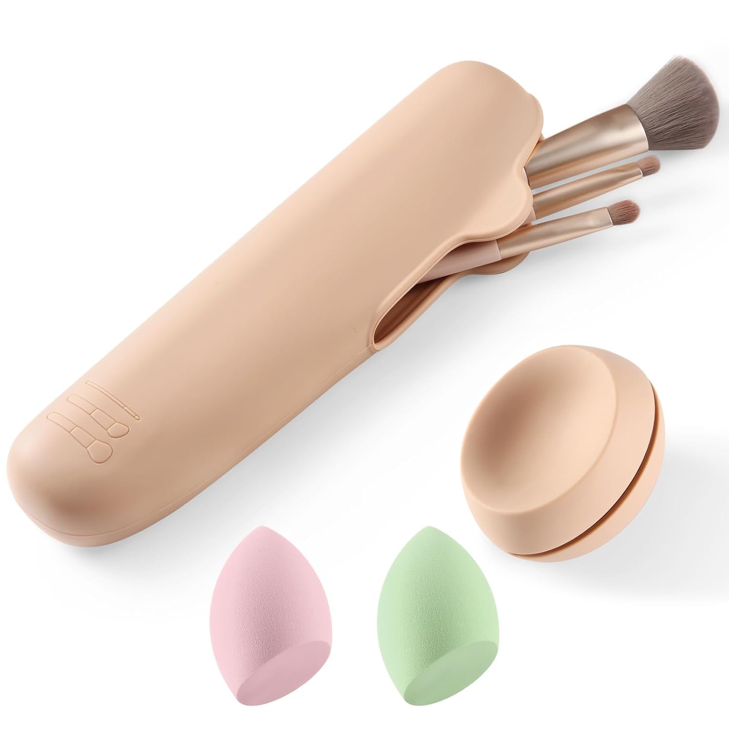 4Pcs Silicone Travel Makeup Bag Set,Makeup Brush Holder with anti Falling Button,Portable Makeup Sponge Holder ,2* Makeup Sponge (Khaki)
