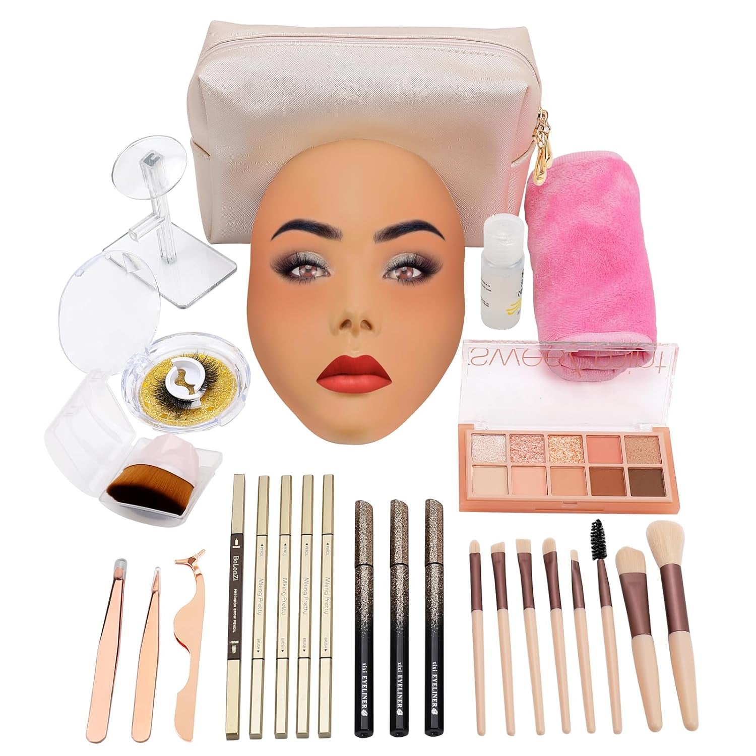 3D Makeup Practice Board - Silicone Face, Reusable Mannequin with Brushes & Eyebrow Pencils, Eyelashes, Bag & Remover Towel