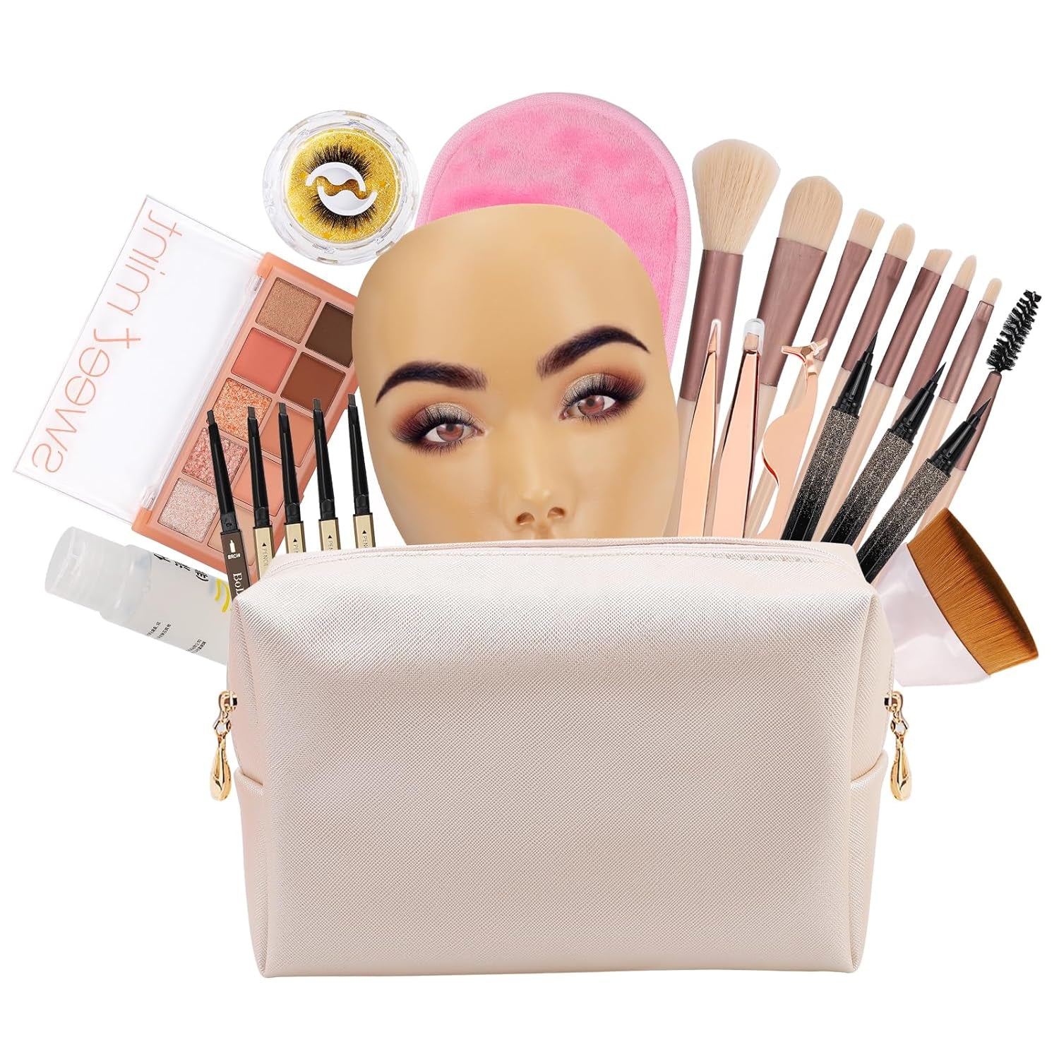 3D Makeup Practice Board - Silicone Face, Reusable Mannequin with Brushes & Eyebrow Pencils, Eyelashes, Bag & Remover Towel