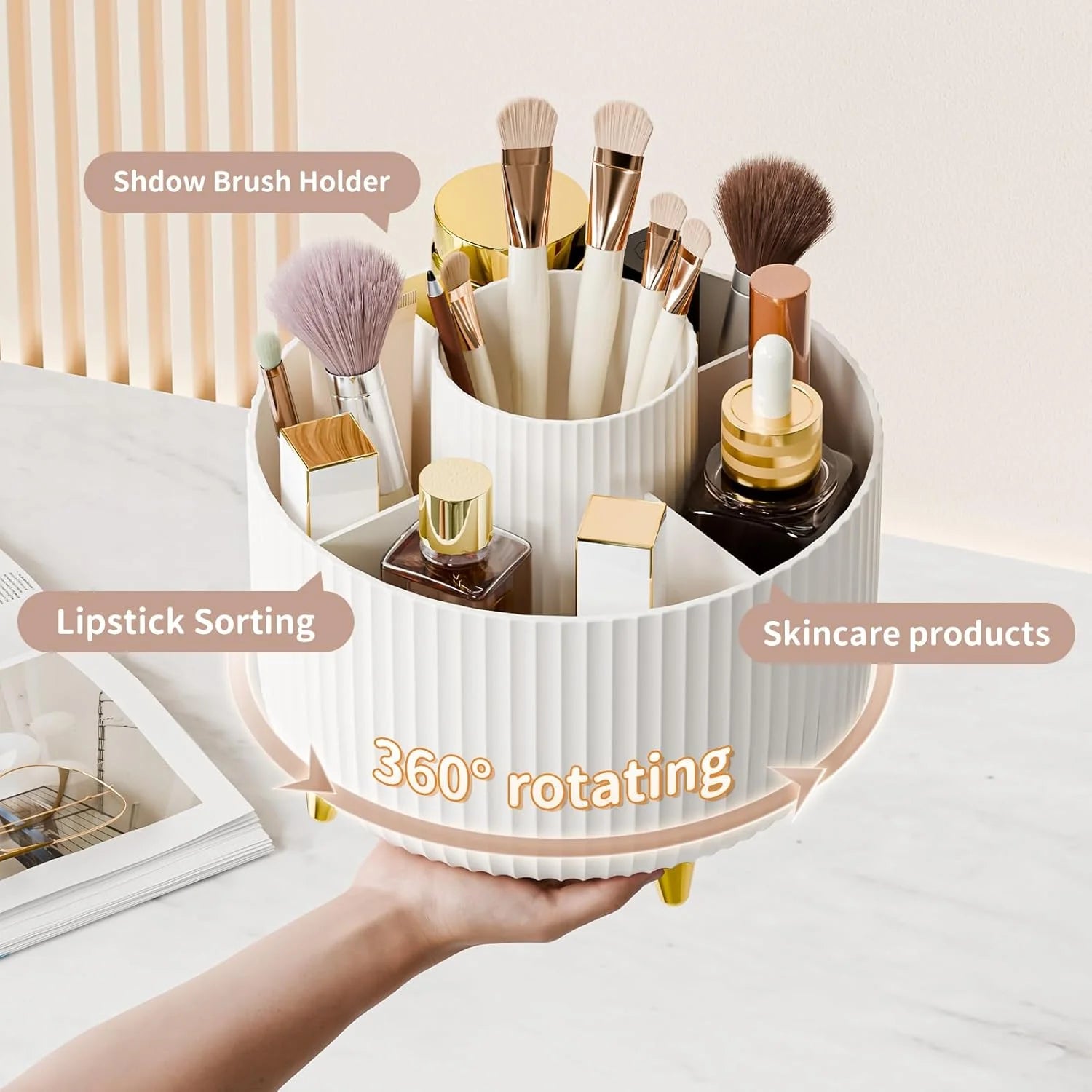 360° Rotate Makeup Brush Holder Organizer, Makeup Organizers Countertop, Makeup Organization and Skincare Storage for Vanity, Desktop, Bathroom (White)