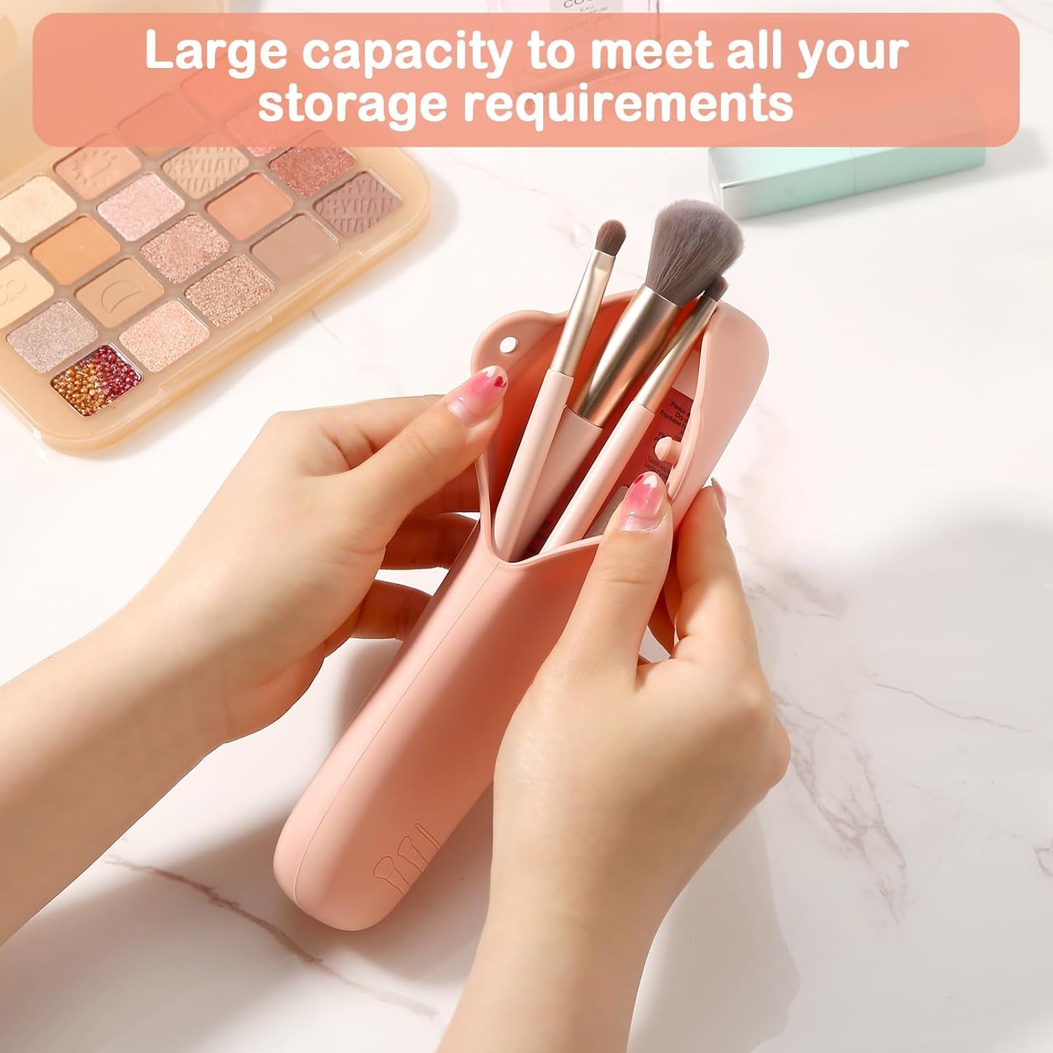 4Pcs Silicone Travel Makeup Bag Set,Makeup Brush Holder with anti Falling Button,Portable Makeup Sponge Holder ，2* Makeup Sponge （Khaki）