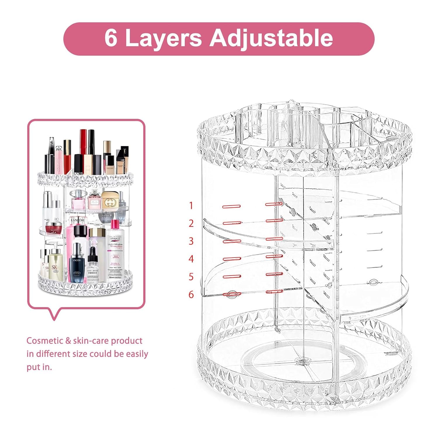 360 Rotating Makeup Organizer Perfume Organizer Clear Cosmetic Storage Display Case Large Capacity Acrylic Beauty Holder Adjustable Partition Height for Bedroom Dresser or Bathroom Vanity