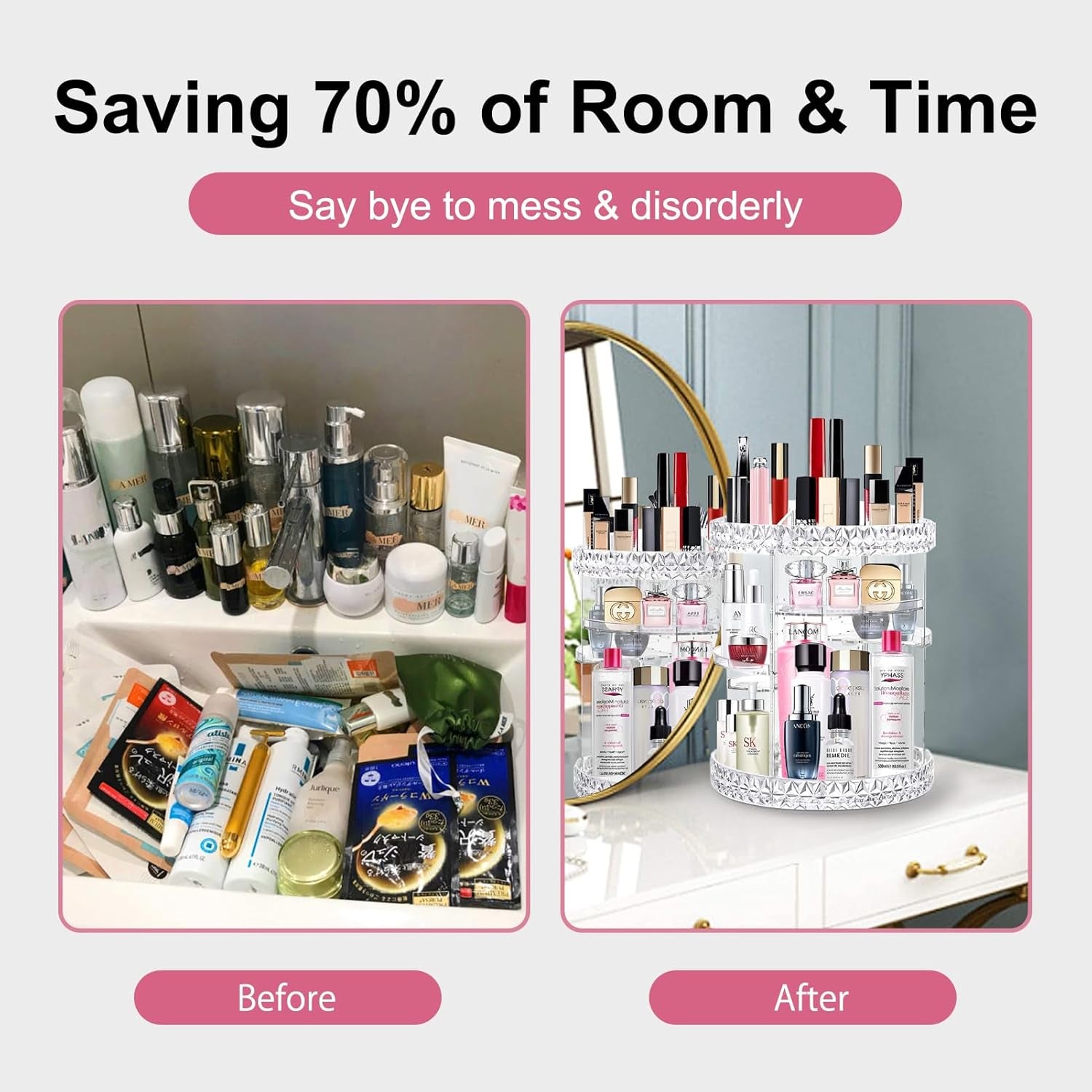 360 Rotating Makeup Organizer Perfume Organizer Clear Cosmetic Storage Display Case Large Capacity Acrylic Beauty Holder Adjustable Partition Height for Bedroom Dresser or Bathroom Vanity