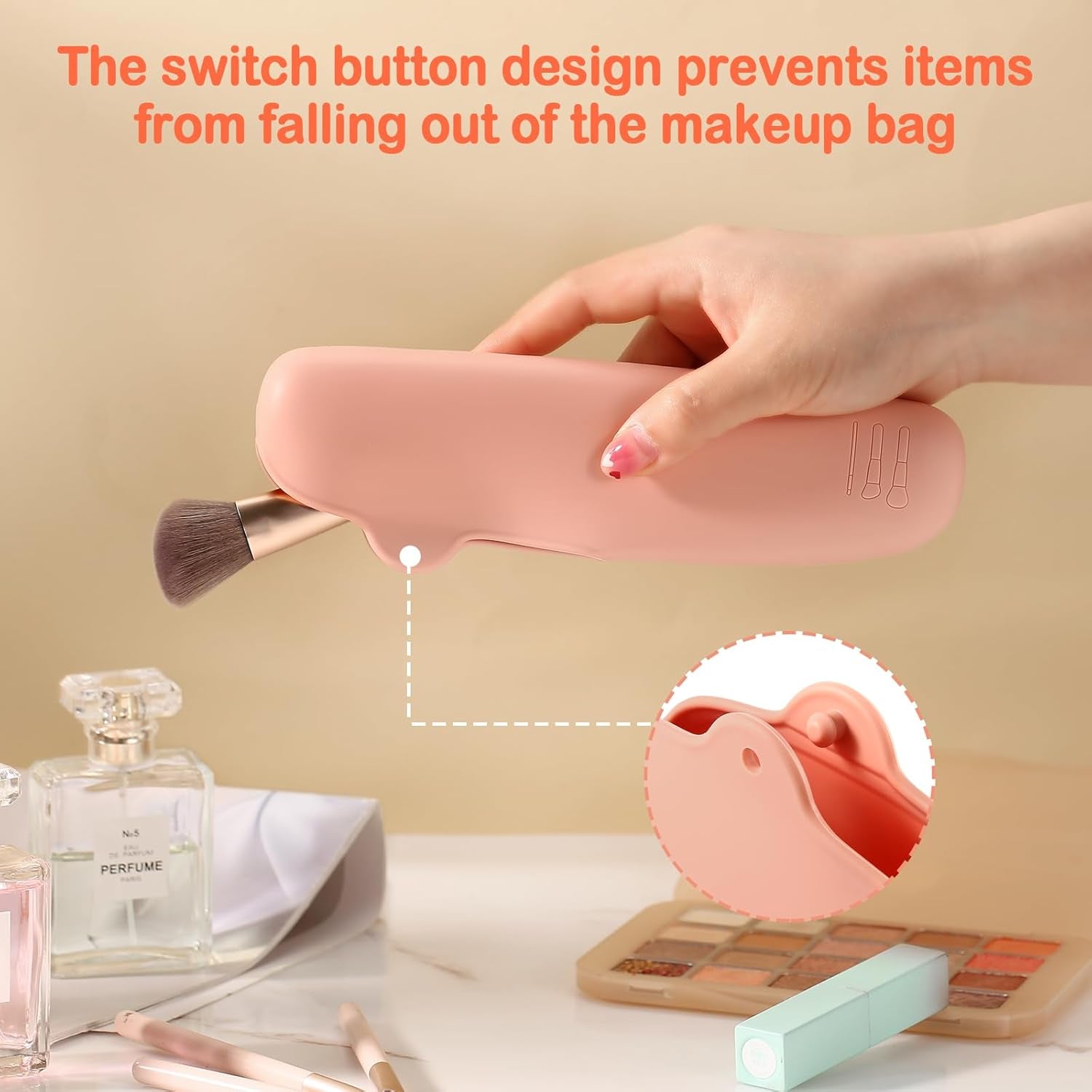 4Pcs Silicone Travel Makeup Bag Set,Makeup Brush Holder with anti Falling Button,Portable Makeup Sponge Holder ，2* Makeup Sponge （Khaki）