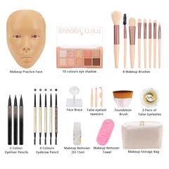 3D Makeup Practice Board - Silicone Face, Reusable Mannequin with Brushes & Eyebrow Pencils, Eyelashes, Bag & Remover Towel