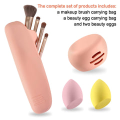 4Pcs Silicone Travel Makeup Bag Set,Makeup Brush Holder with anti Falling Button,Portable Makeup Sponge Holder ，2* Makeup Sponge （Khaki）